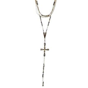 Layered Gold-Tone Necklace Ornate Cross‎ Pendant Beaded Accents 18"
